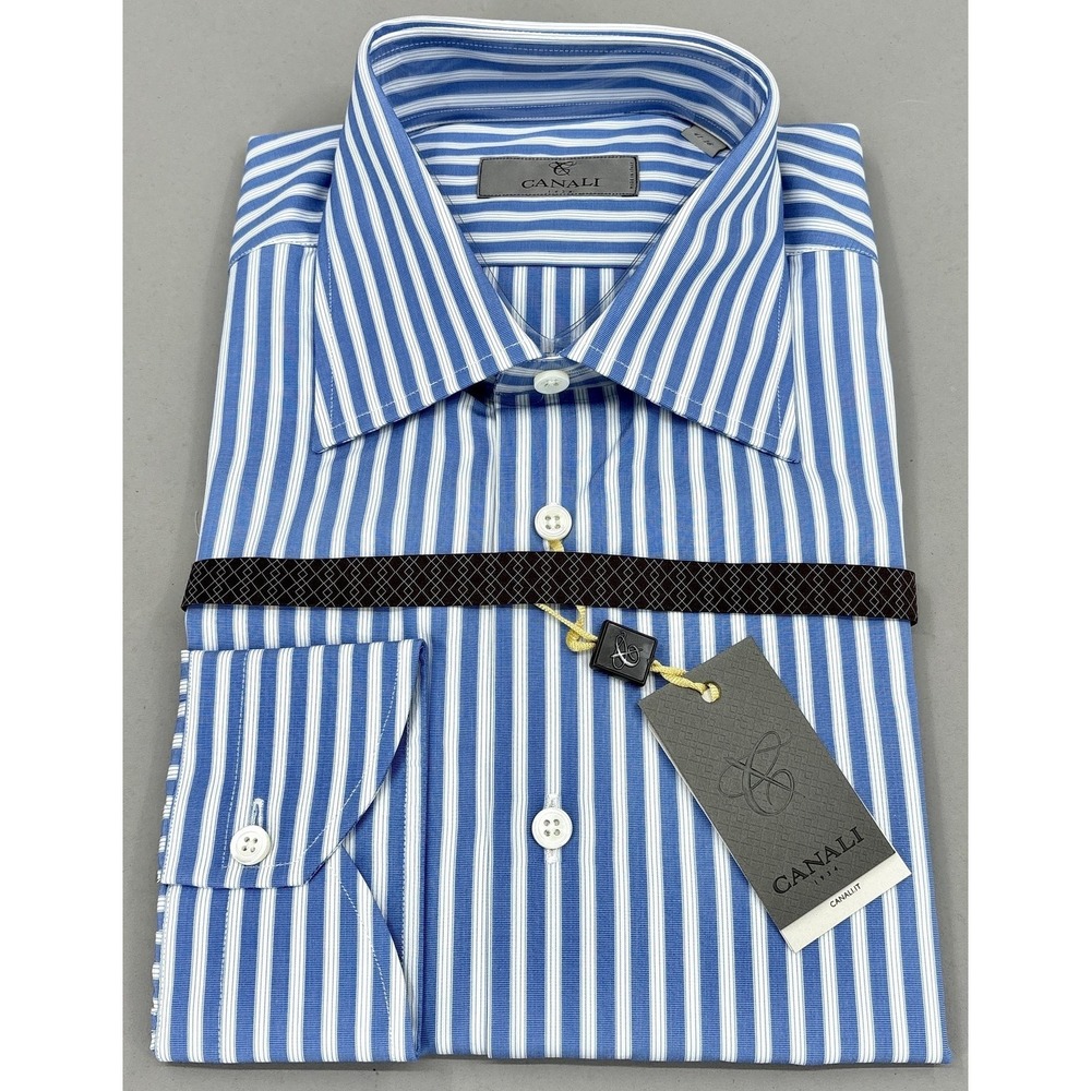 Canali Shirt Mens 16 34/35 Blue Stripe Modern Fit Long Sleeve Dress Italy 41 NEW
